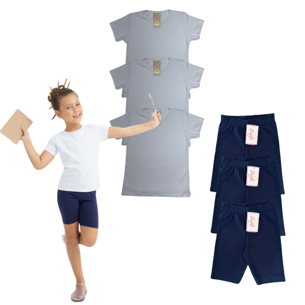 Kit 6 Peças Blusa Cotton e Bermuda Cotton Uniforme Escolar Infantil Juvenil Menina Tam 1 ao 16