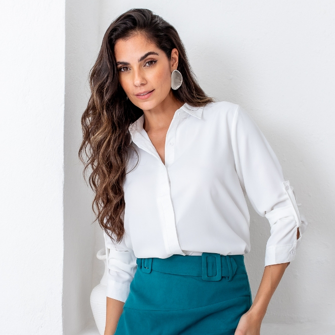 Camisa Feminina de Botões Lisa Elegante Social Camisete Blusa Manga Longa Moda Casual Trabalho Slim em Oferta na Shopee