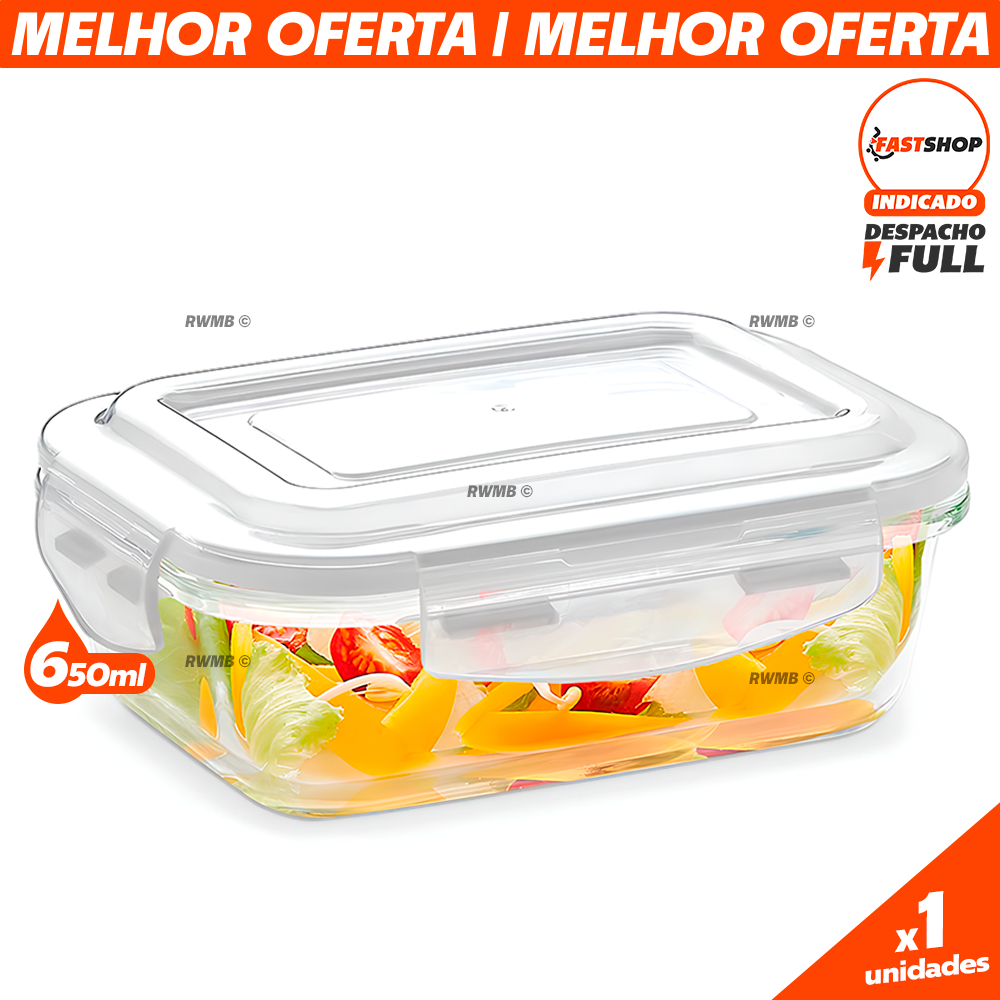 Pote Hermético Retangular 640ml Tampa Alta Vedação Organizador de Geladeira Marmita Forno Microondas Geladeira e Freezer