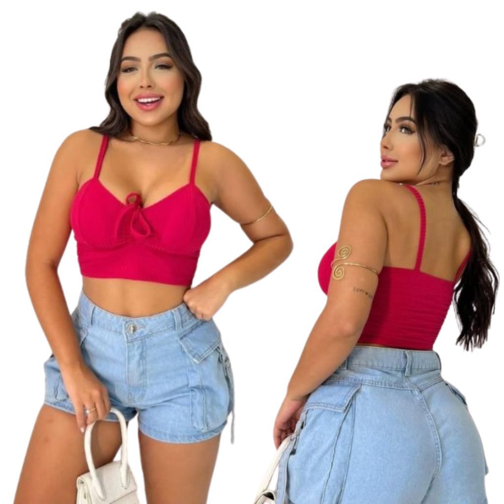 Cropped Feminino Regata Alcinha Com Bojo Decote Blogueira