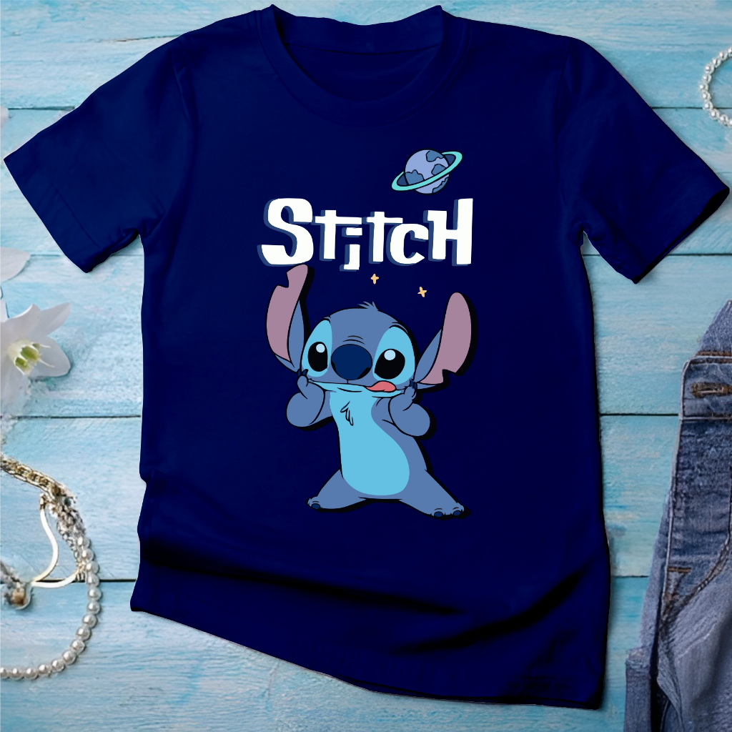 Camiseta Stitch ohana 100% Algodão Streetwear Azul escuro em Oferta na Shopee