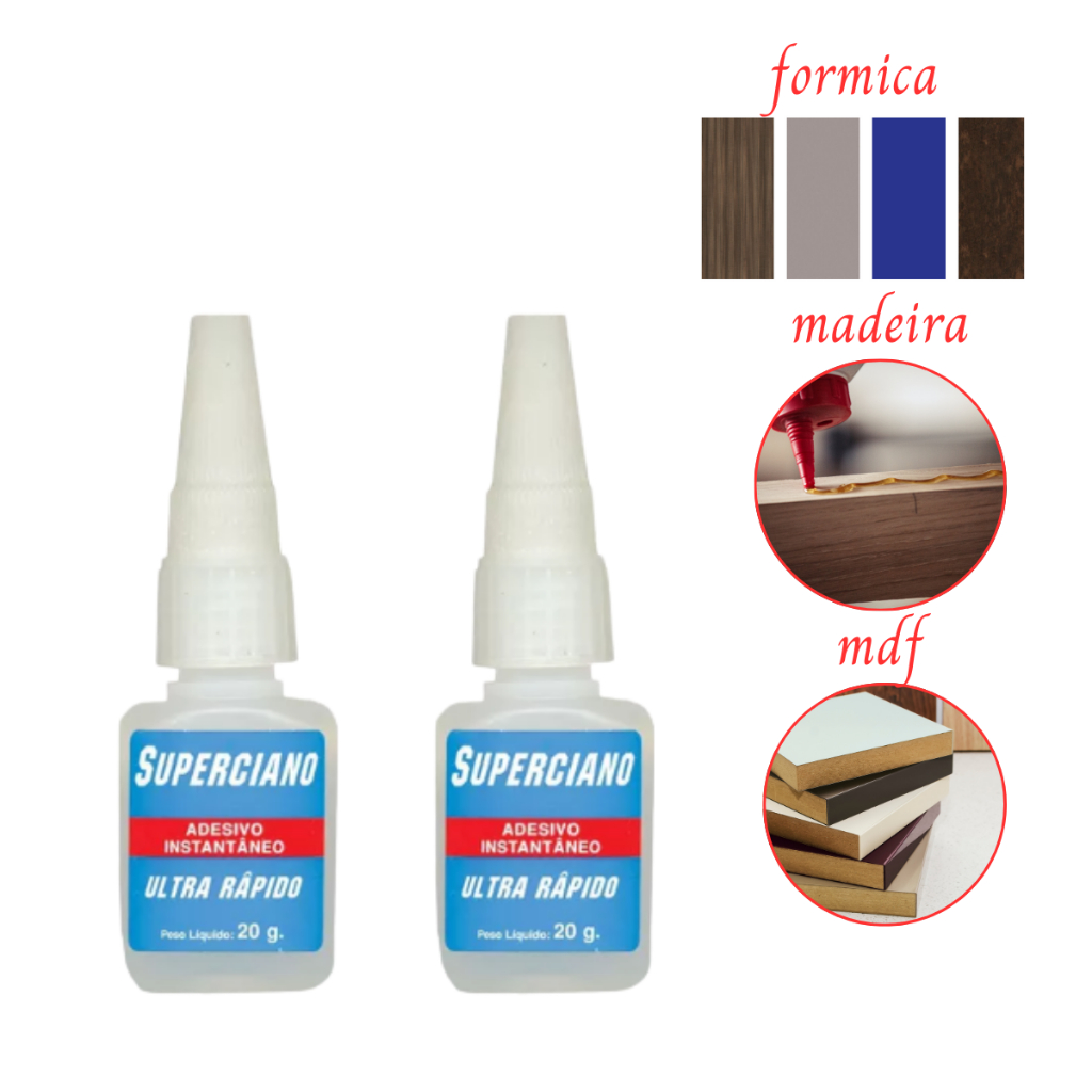 kit 2 cola superciano de 20g para madeira mdf sdf formica compensado materiais porosos metal ótima fixação e viscosidade