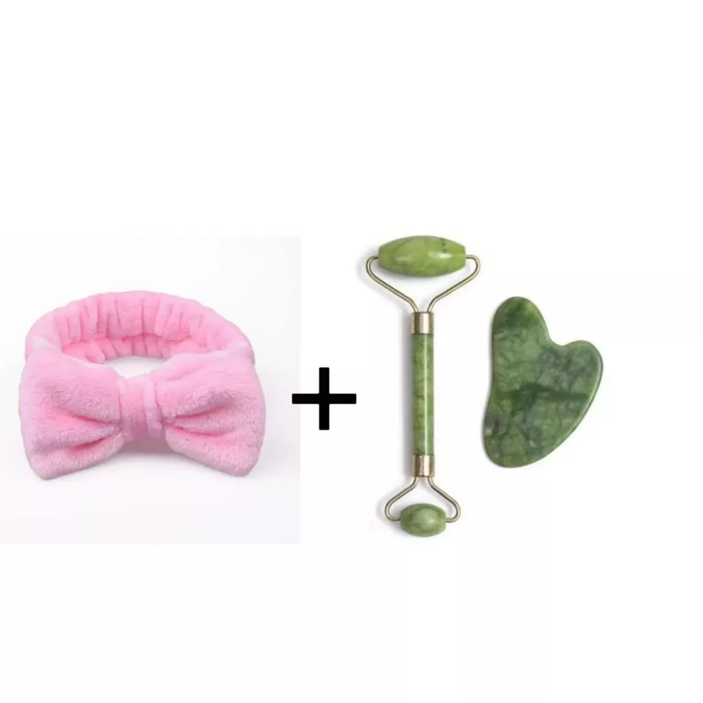kit Rolos Massageador Pedra Jade Massagem Facial + Faixa laço Maquiagem