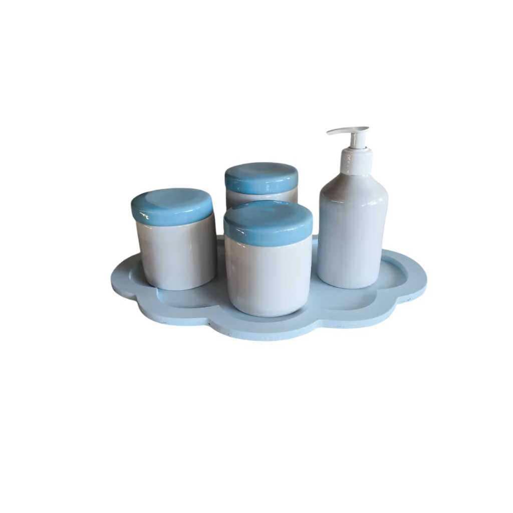 Kit Higiene para bebê porcelana potes tampa bandeja nuvem azul porta algodão cotonete saboneteira liquida menino