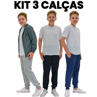 KIT 3 Calças de Moletinho Menino Com Punho Infantil/Juvenil Masculinas Escolar em Oferta na Shopee