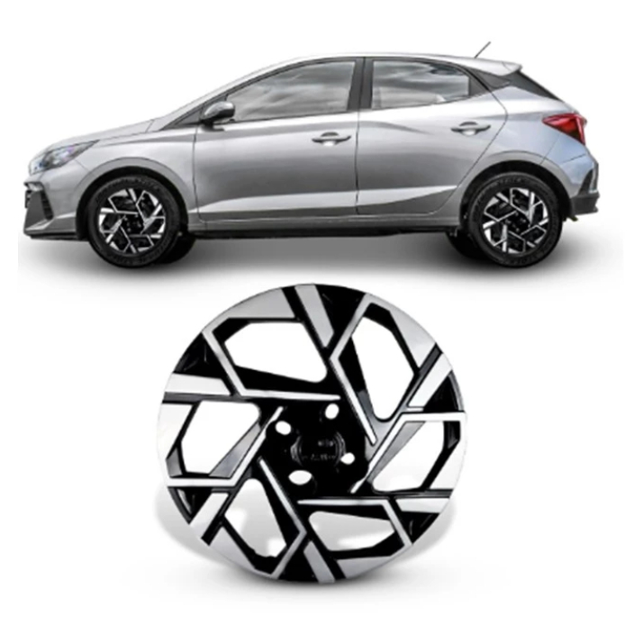 Jogo 4 Calotas HB20 HB20S 2016 A 2024 Preto Prata + Emblema Resinado