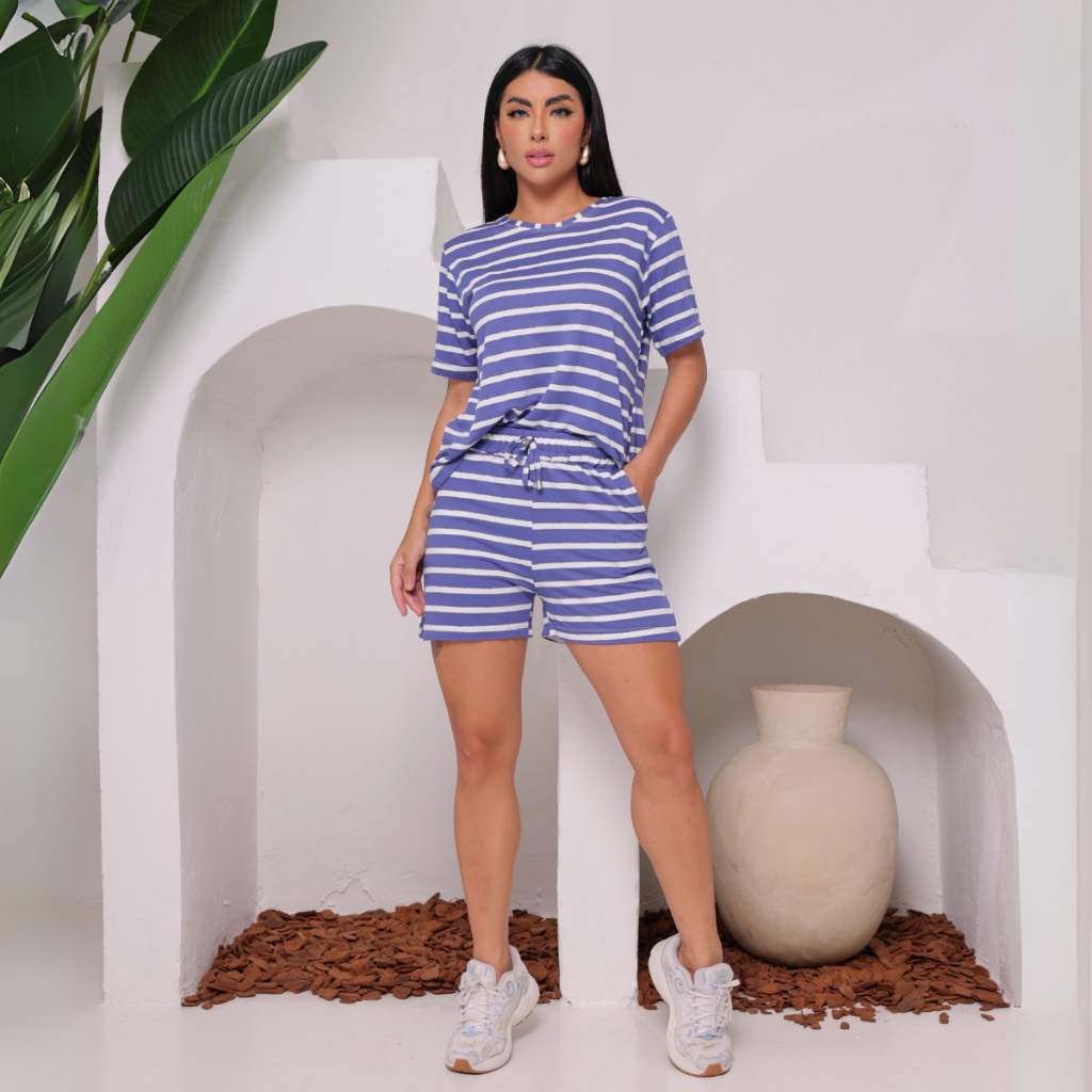 Nana Fashion Conjunto Feminino Short e Blusa de Manguinha Listrado Verão Festa Casual Soltinho