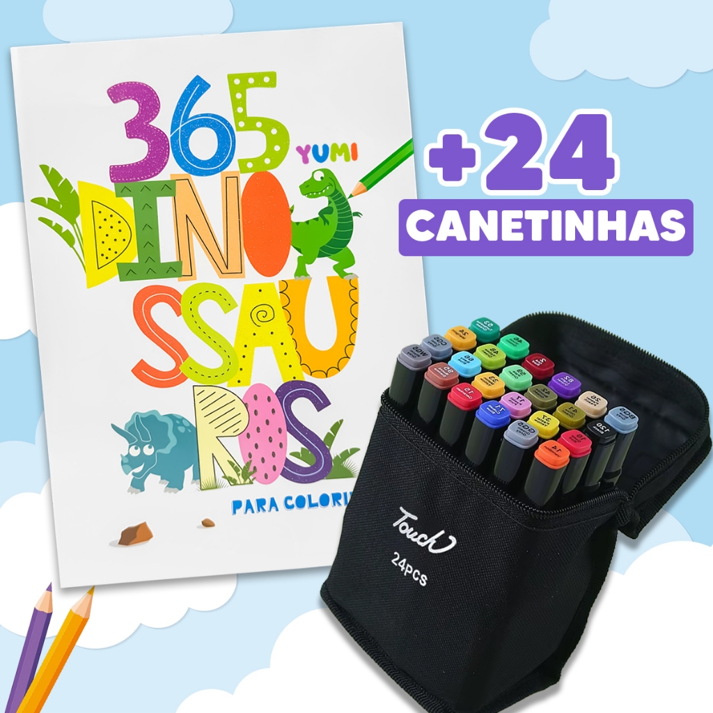 Livro 365 Desenhos Para Colorir Dinossauros + Caneta Canetinhas Coloridas Touch Com Ponta Dupla em Oferta na Shopee