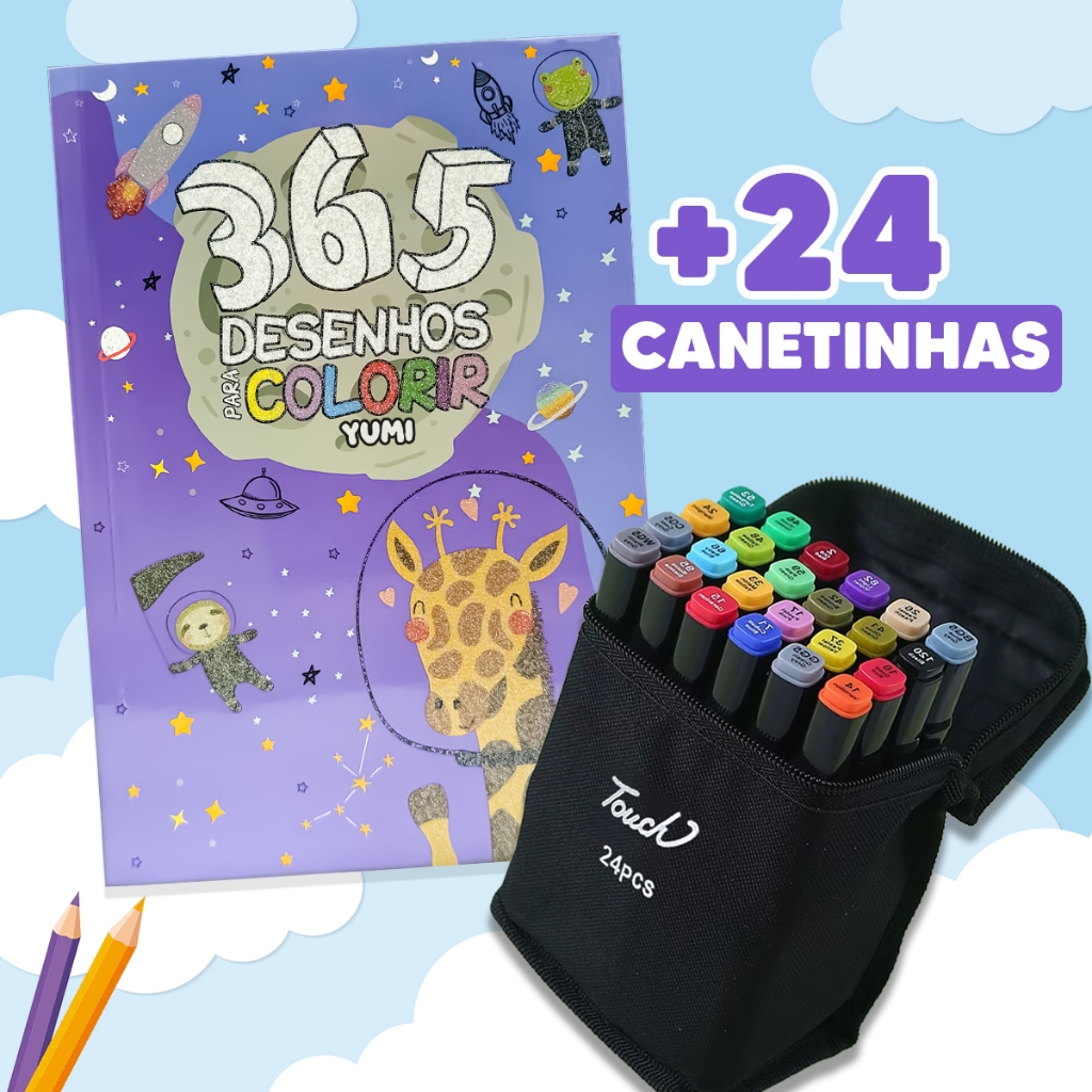 Kit Livro 365 Desenhos Para Colorir + Estojo Bolsa Caneta Canetinhas Touch Com Ponta Dupla em Oferta na Shopee