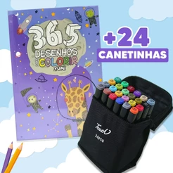 Kit Livro 365 Desenhos Para Colorir + Estojo Bolsa Caneta Canetinhas Touch Com Ponta Dupla