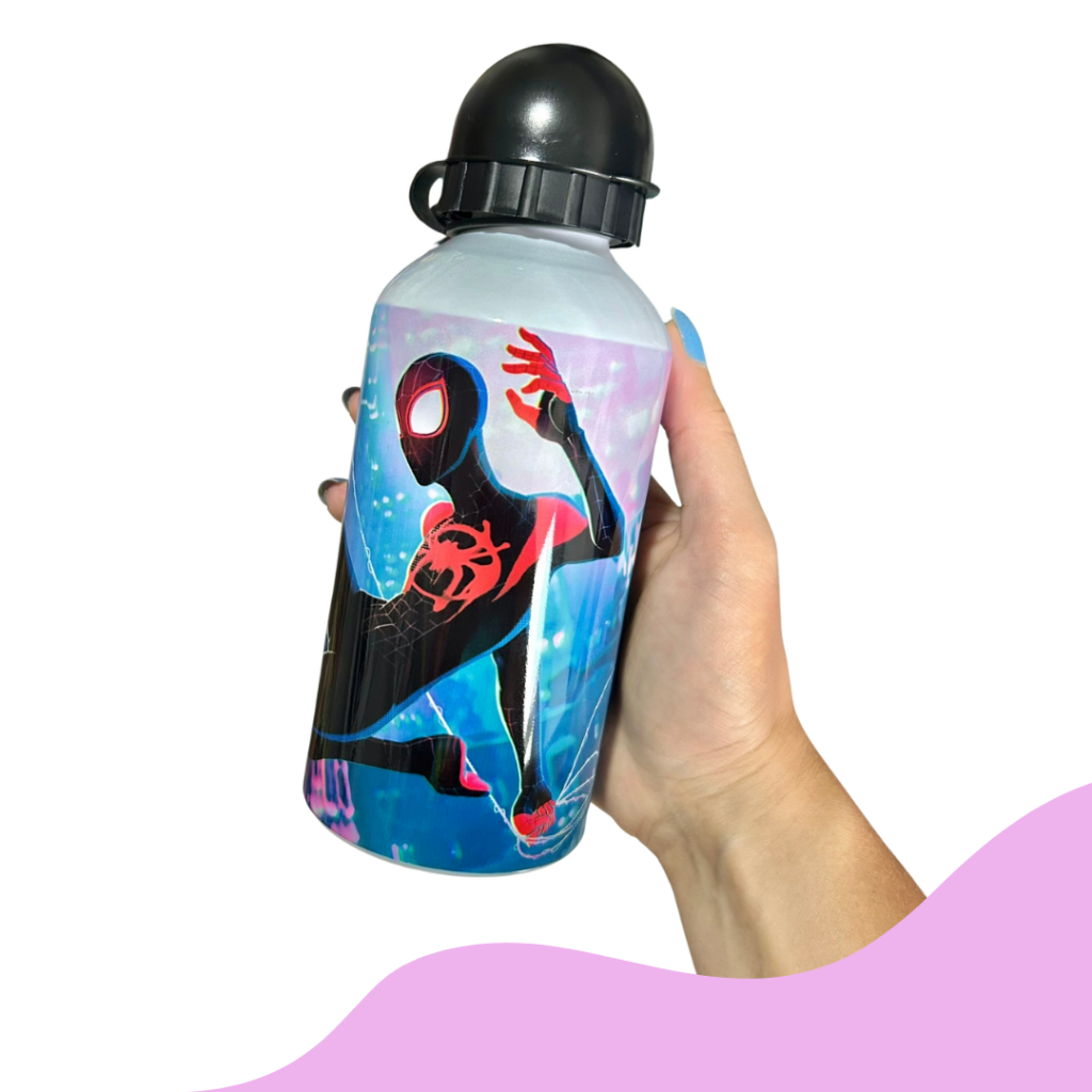 garrafa squeeze de alumínio personalizada homem aranha aranhaverso com nome infantil escola