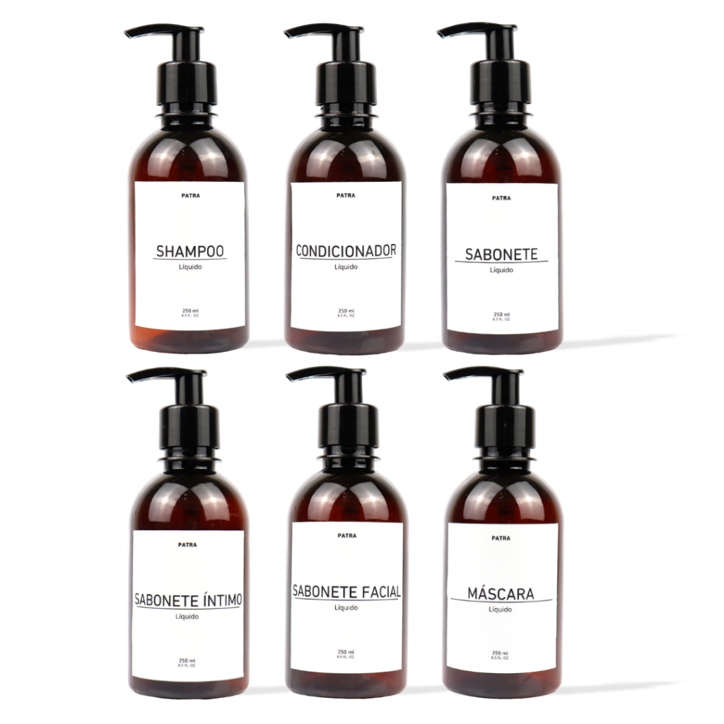 kit Banho Frasco Âmbar 6pçs Shampoo Condicionador Sabonete líquido, íntimo, facial e máscara Dispenser 250ml