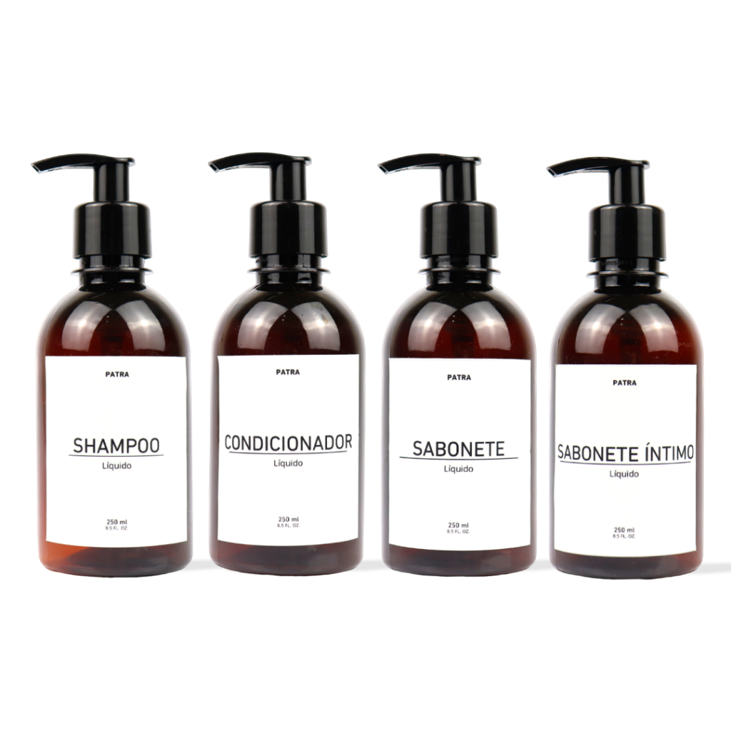 kit Banho Frasco Âmbar  4pçs Shampoo Condicionador Sabonete líquido e Sabonete íntimo Dispenser 250ml