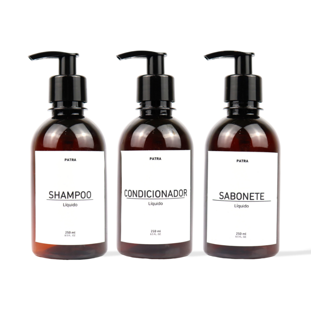 kit Banho Frasco Âmbar  3pçs Shampoo Condicionador e Sabonete líquido Dispenser 250ml
