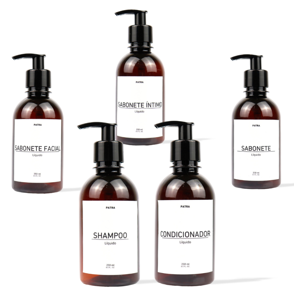 kit Banho Frasco Âmbar  5pçs Shampoo Condicionador Sabonete líquido, íntimo e facial Dispenser 250ml