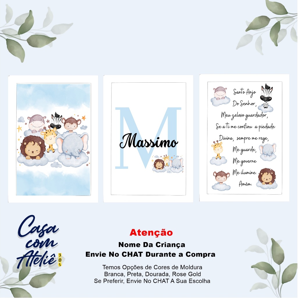 3 Quadros Infantil Personalizado Com O nome Da Criança Cavalo Dinossauro Menino Jesus Aparecida Santo Anjo do Senhor