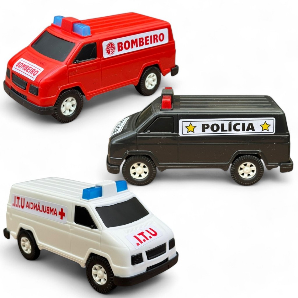 Kit Mini Vans 3 Furgões Ambulância policia bombeiro Carrinho de Brinquedo - Diverplas