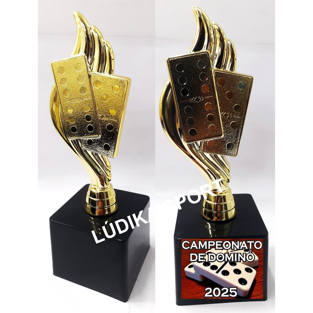 Troféu Dominó 17,5cm Ouro BL1 {Personalizo} Dupla Duque Terno Quadra Quina Sena Branca Lisa Carroça