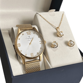 Kit Relogio Champion Feminino Dourado Elegance Original + Colar Brincos conjunto amarelo
