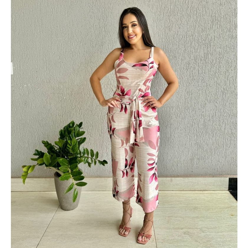 Macacão Feminino Pantacourt Alça Grossa Estampado Com Bojo macacao pantalona