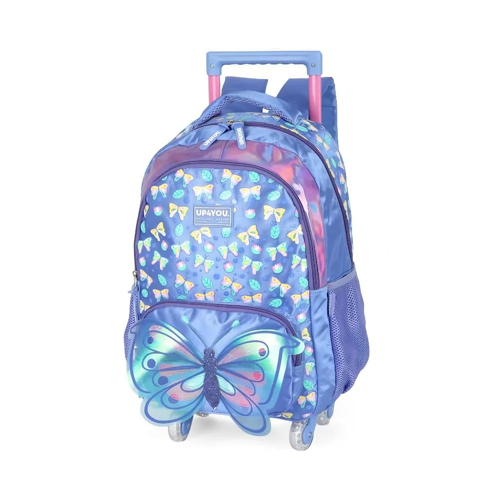 MOCHILA ESCOLAR BORBOLETA CARRINHO/RODINHAS C/ LED