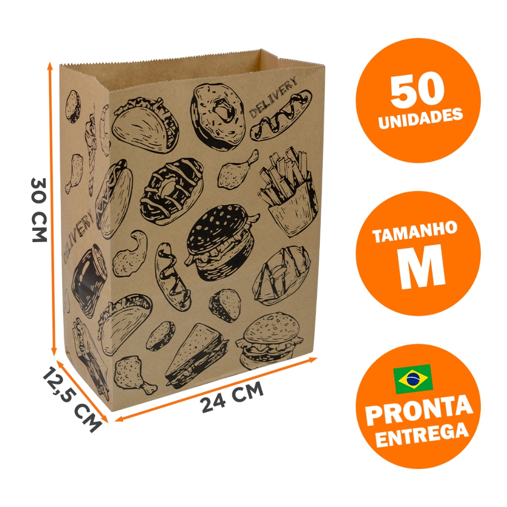50 Sacos de Papel Kraft 30 x 24 x 12,5 cm Tamanho M Delivery Lanches Comida Entrega Hamburgueria em Oferta na Shopee