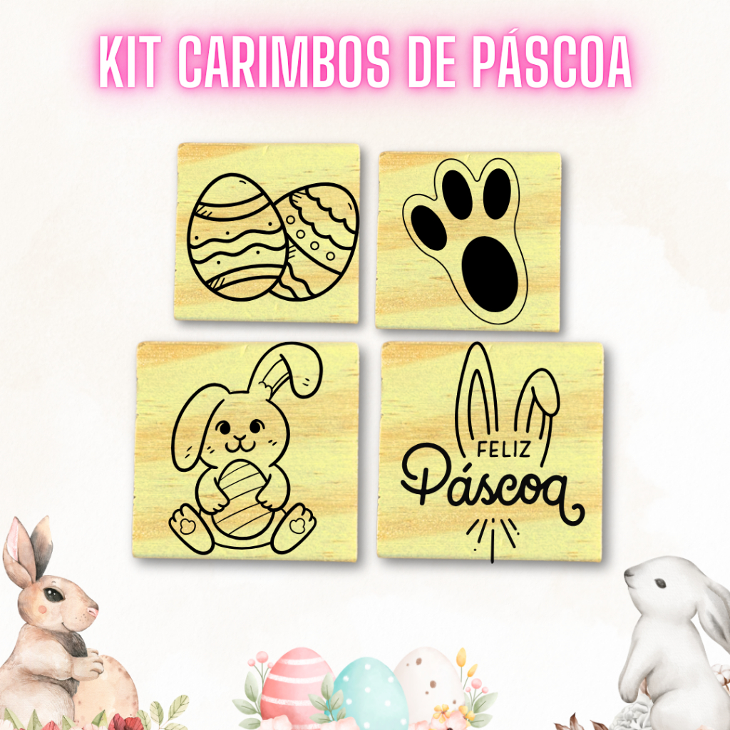 Kit 4 Carimbos de Páscoa coelho pegadas feliz páscoa ovos de páscoa para embalagens sacolas kraft tags