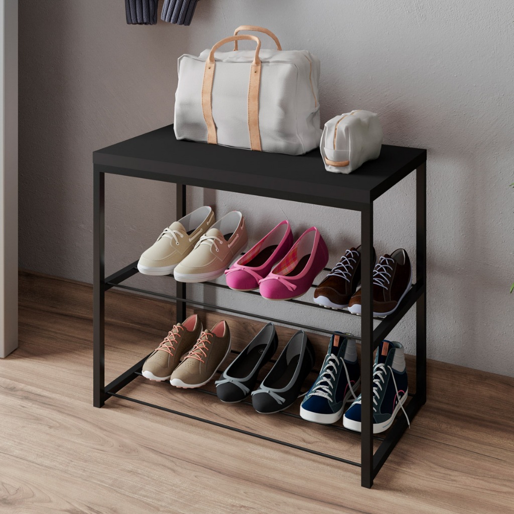 Sapateira Banco Vero Hall de Entrada Industrial Prateleira em Aço Tampo MDP - LH Móveis