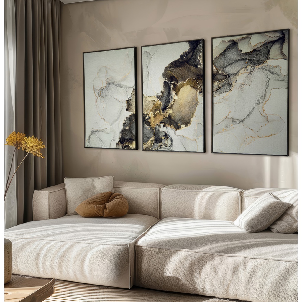 Quadros Decorativos Sala Quarto Casal Escritório Com Moldura Trio Cores Líquidas Rio Preto E Dourado