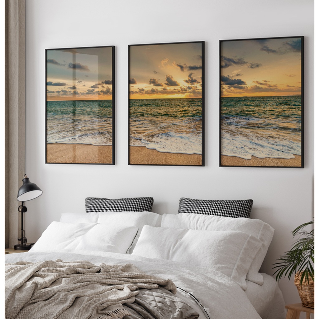 Quadro Paisagem Decorativo Com Moldura E Vidro Quadro Sala Quarto Quadro Praia No Pôr Do Sol Trio