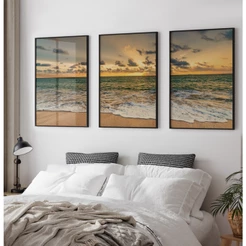 Quadro Paisagem Com Moldura Trio De Quadros Decorativos Para Sala Quadro Praia Pôr Do Sol Dourado