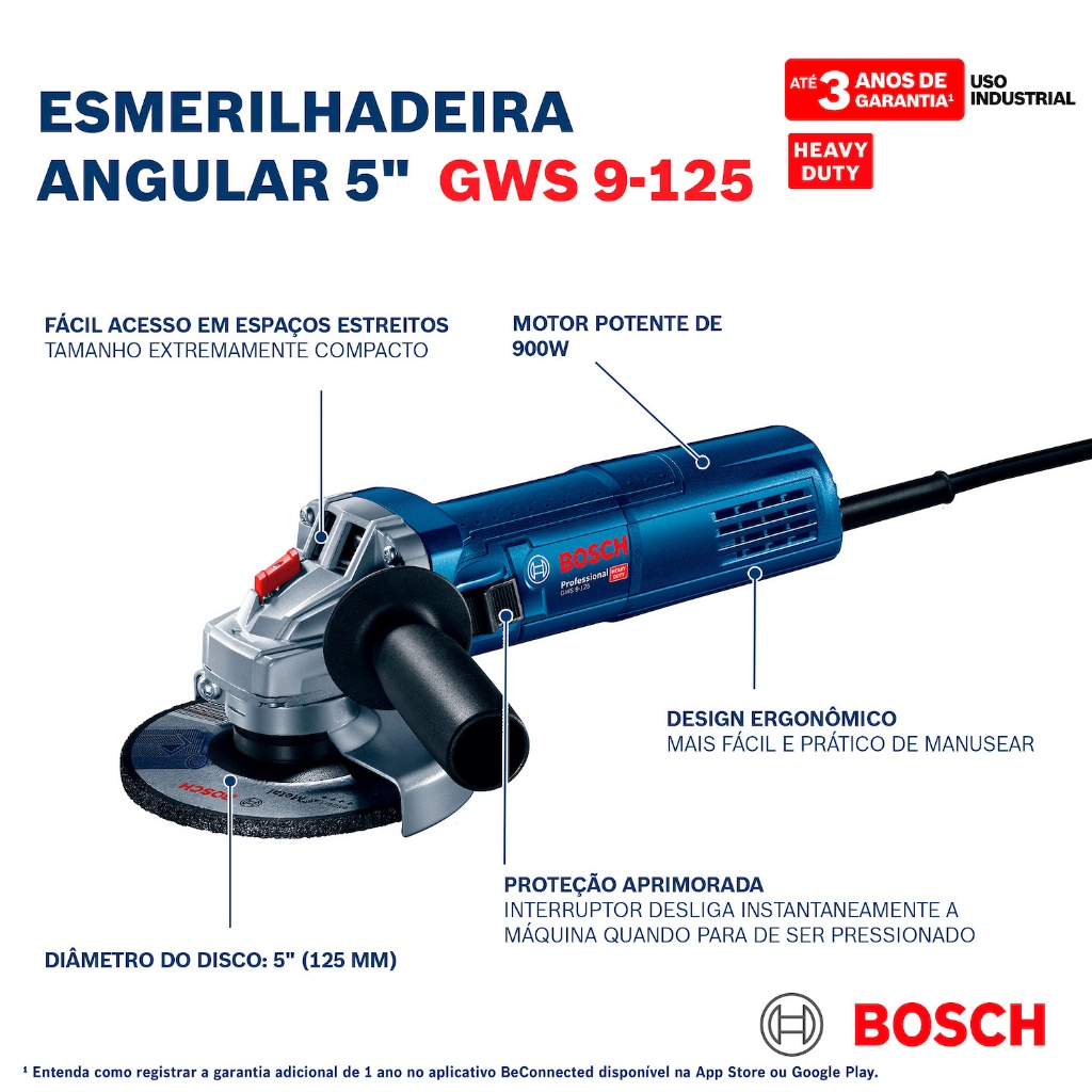Detalhes do Esmerilhadeira Bosch GWS 9-125 + 3 Discos 900W