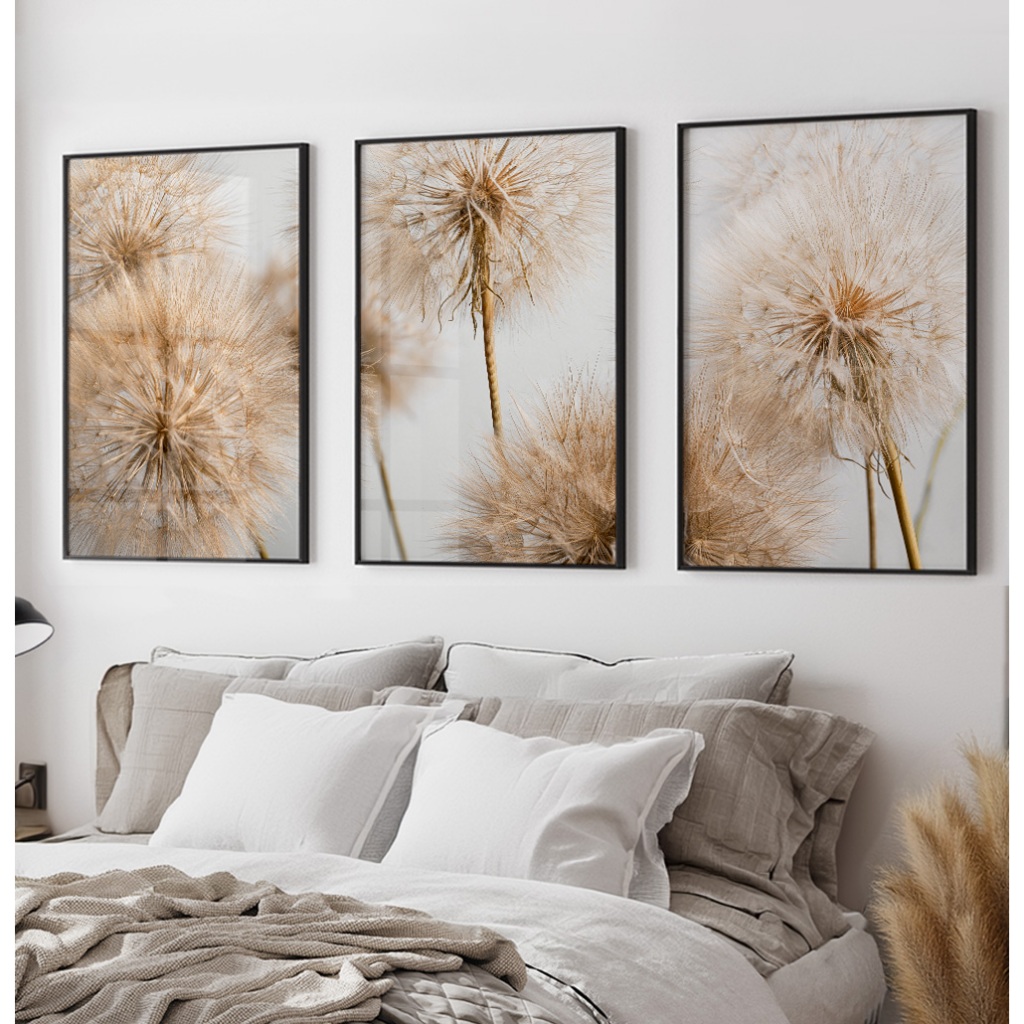 Quadros Decorativos COM MOLDURA Sala Quarto Casal Escritório Trio Dente De Leão Dourado Tom Sépia em Oferta na Shopee
