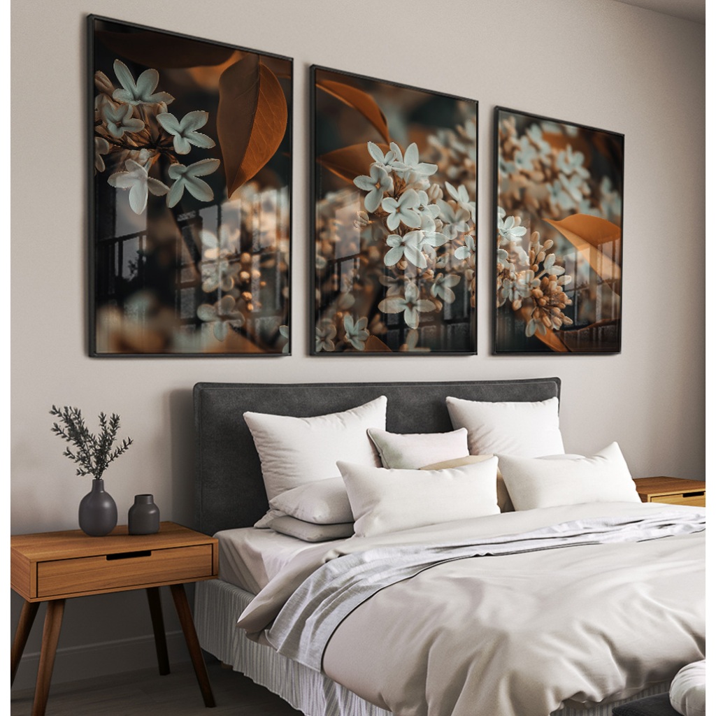 Quadro Vintage Com Moldura E Vidro Quadro Decorativo Sala Quadro Quarto Quadro Flores Brancas Trio