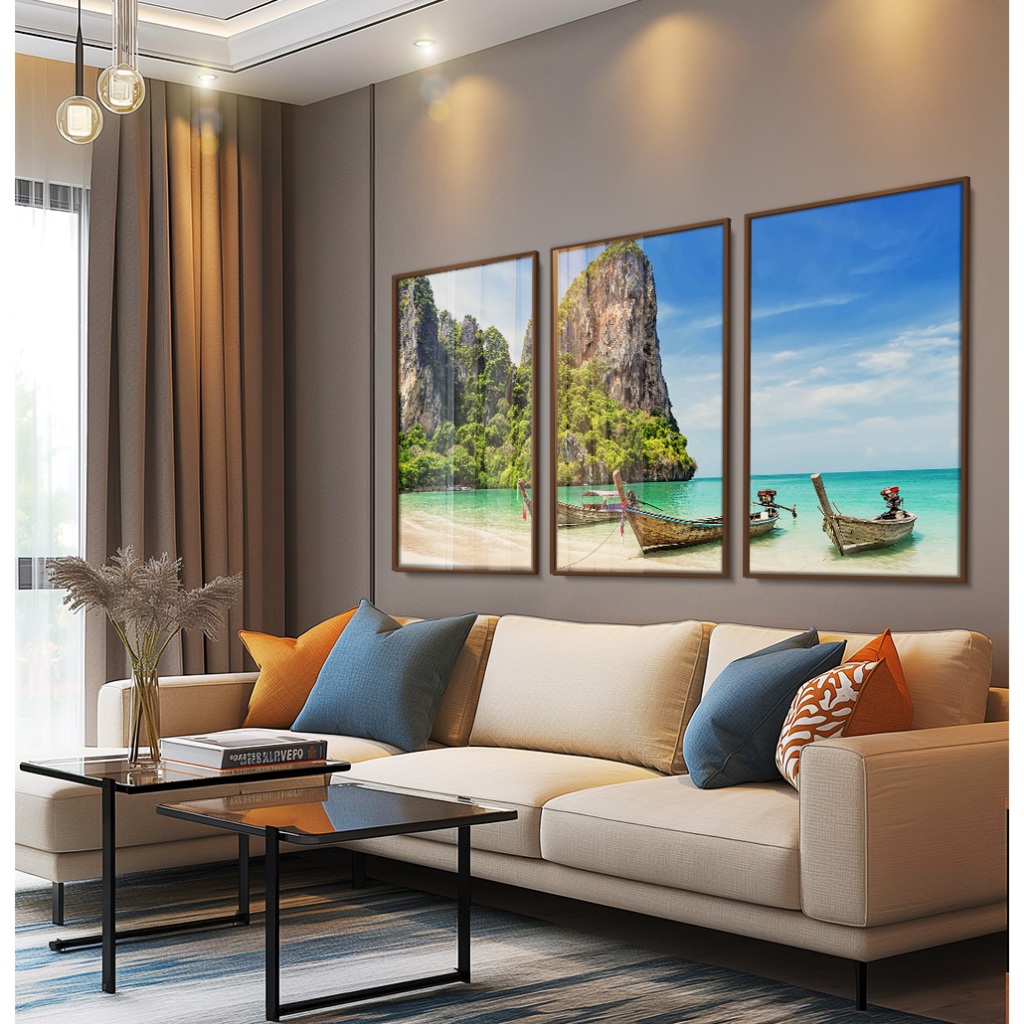Trio De Quadros Decorativos Com Moldura Para Sala Quadro Paisagem Mar Azul Quadr