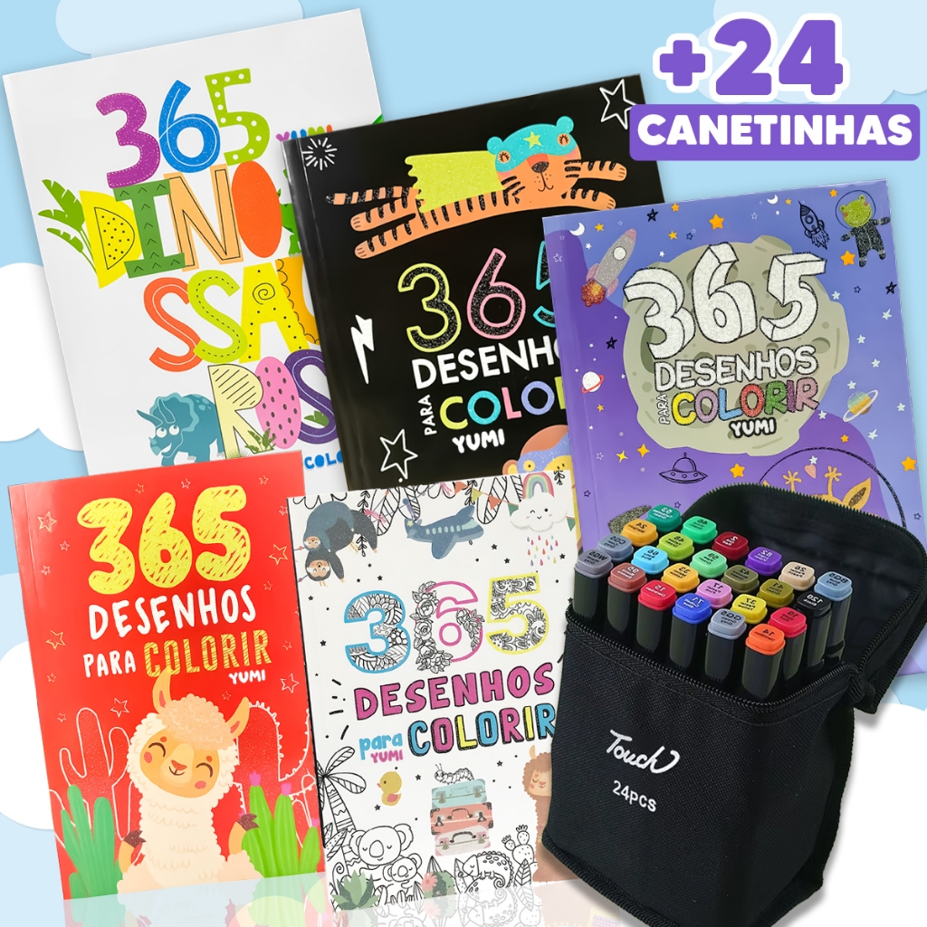Coleção Livro 365 Desenhos Para Colorir + Conjunto De Canetas Marcadora Canetinhas Coloridas Kit Com Ponta Dupla