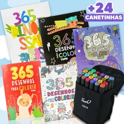 Coleção Livro 365 Desenhos Para Colorir + Conjunto De Canetas Marcadora Canetinhas Coloridas Kit Com Ponta Dupla