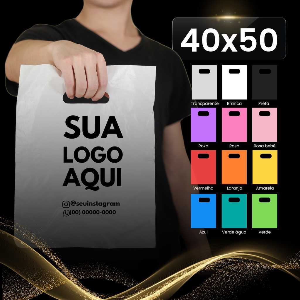 Sacolas Plásticas 40x50 Personalizadas Com Logo p/ lojas Alça Vazada/Boca de Palhaço 100/250UN em Oferta na Shopee