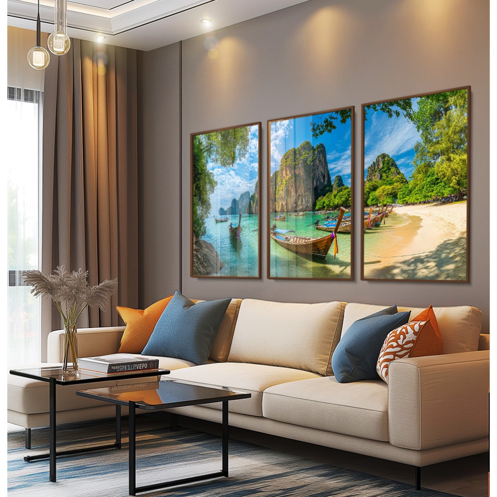 Quadro Paisagem Natureza Quadro Com Moldura E Vidro Quadro Decorativo Sala Grande Praia E Mar Trio