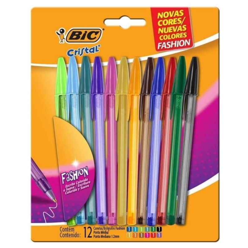 Canetas Coloridas Bic Cristal Fashion Kit 12 Cores Vibrantes, Esferográfica Média de 1.2mm Escrita Suave Cores Vibrantes em Oferta na Shopee