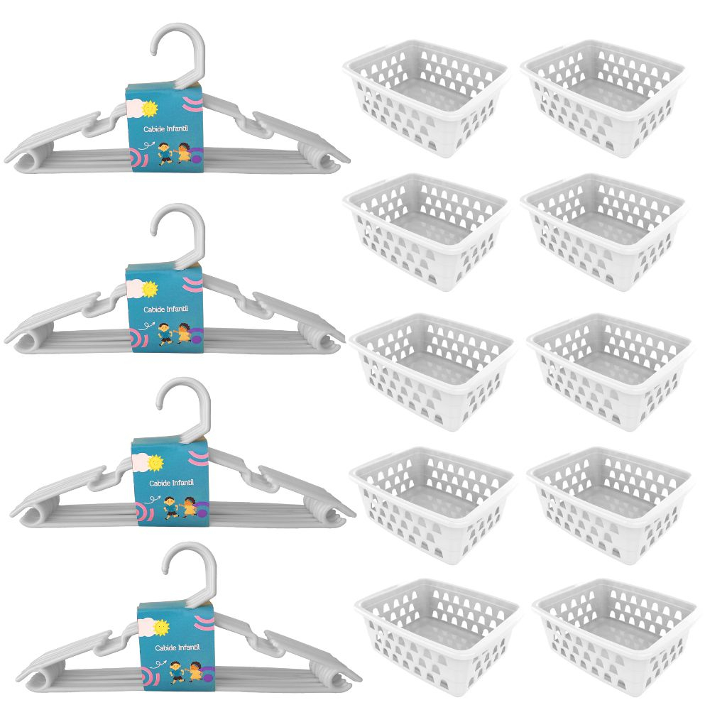 Kit 10 Cestos Organizador Pequeno Multiuso Branco + 20 Cabides Infantil Bebê Branco