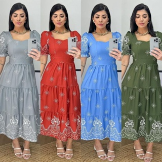 Vestido feminino mídi evangélica manga princesa com elastes na costas confortável tecido crepinho em Oferta na Shopee