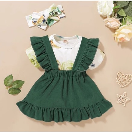 Conjunto Criança Bebê Meninas Saia Terno Manga Curta Florais Body, Suspensório Saia, Faixa Bonito Vestido