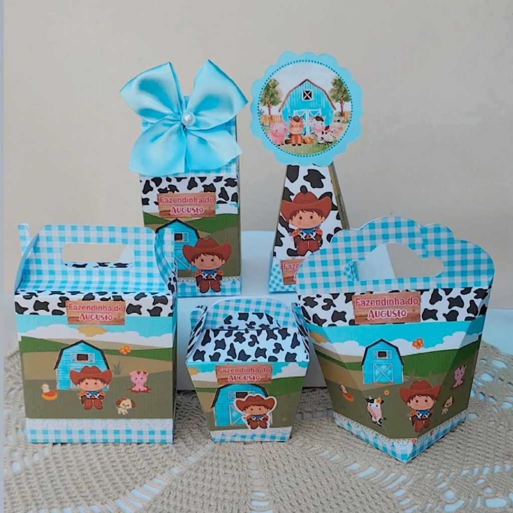 Kit Festa Tema FAZENDINHA AZUL Caixinhas Personalizada Lembrancinhas para Festas PEGUE E MONTE