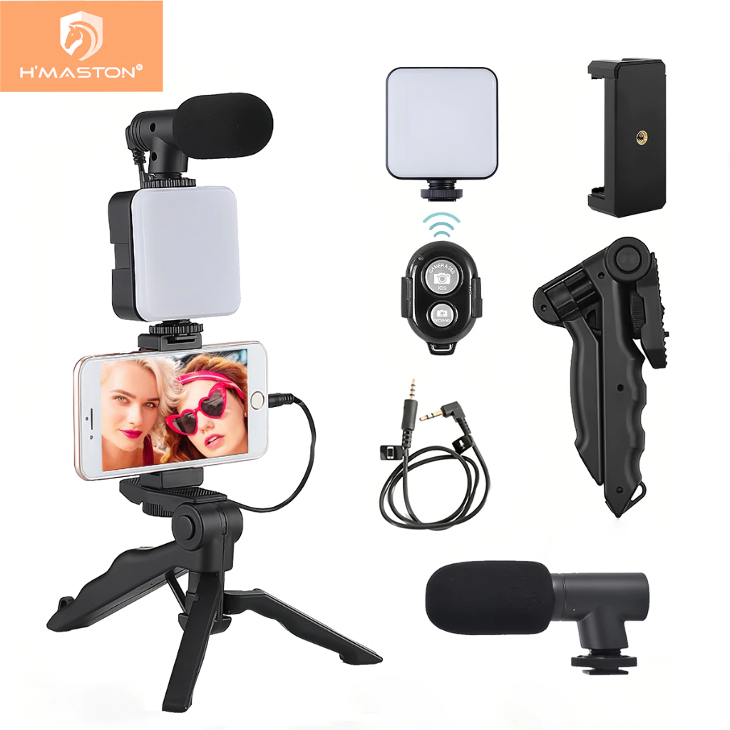 H'maston ZB04 Kit De Vídeo Com Tripé Microfone Led Luz Suporte