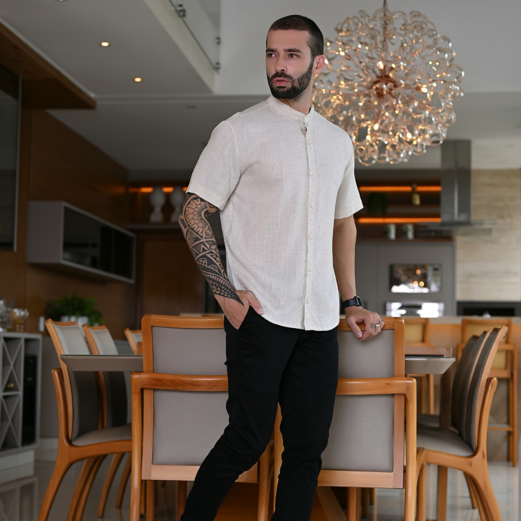 Camisa Social Masculina Manga Curta Gola Padre Tecido Linho Leve Moda Luxo Alfaiataria
