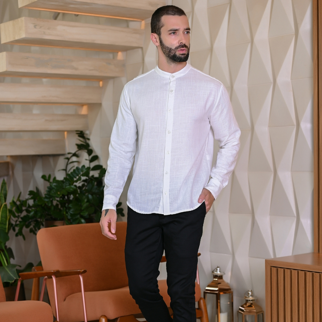 Camisa Social Masculina Manga Longa Gola Padre Tecido Linho Moda Leve Alfaiataria Minimalista
