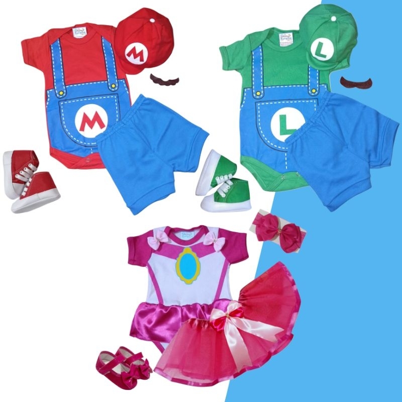 Body Temático Bebê Mário Bros - Luigi - Peach em Oferta na Shopee