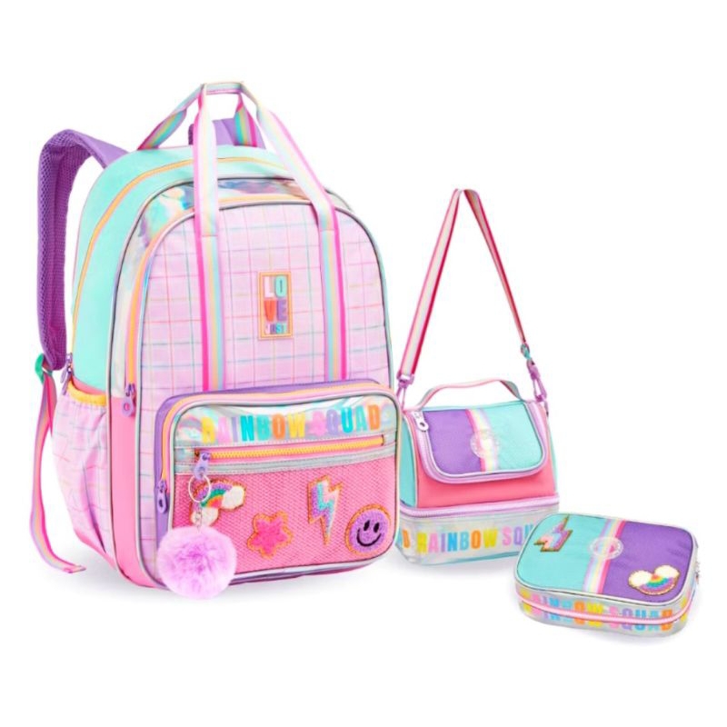 Mochila Infantil Menina Escolar Rainbow Squad Holográfica com Pompom e Patches Divertidos Reforçada Grande/ DENLEX