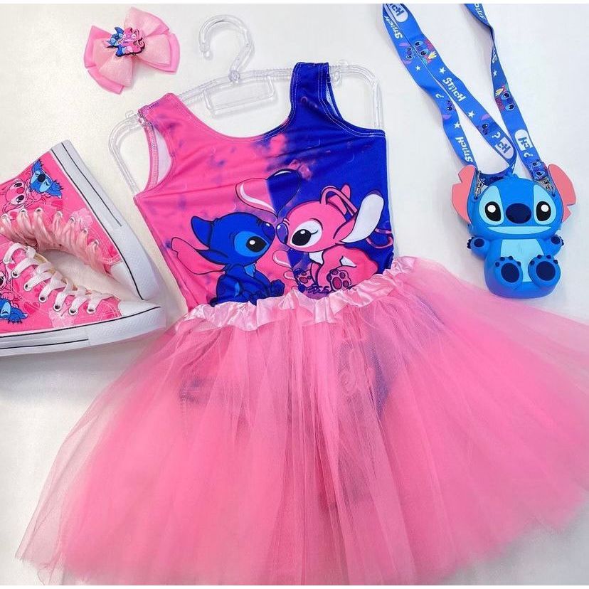 Kit Conjunto Infantil Body Stitch + Saia De Tule Com Glitter Carnaval Festa Bailarina Halloween Lilo Angel Maio 2 ao 8